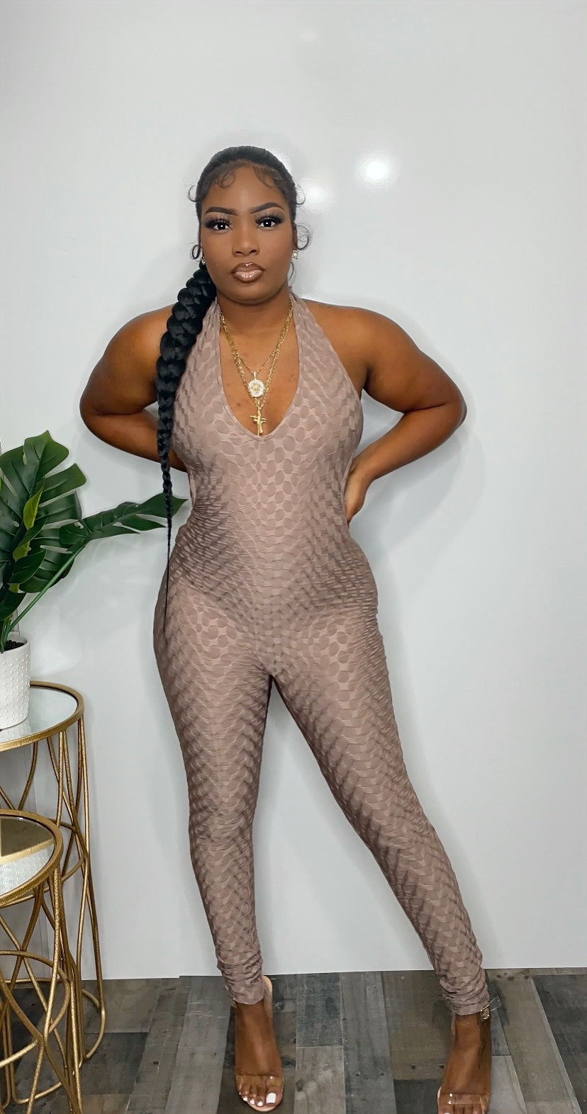 "Brewed N Nude" Halter Jumpsuit