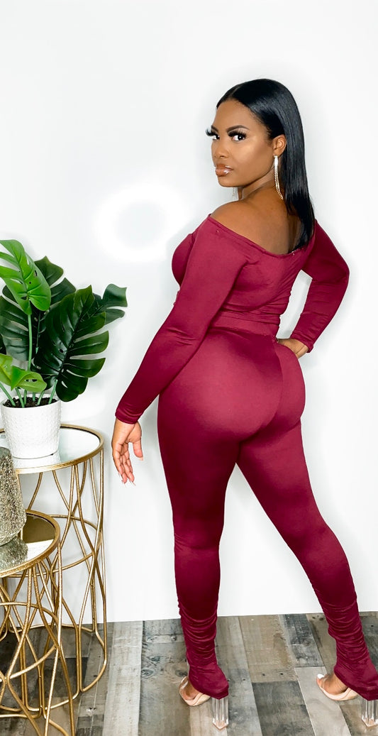 Wine-On-Me - Off Shoulder Long Sleeve Set