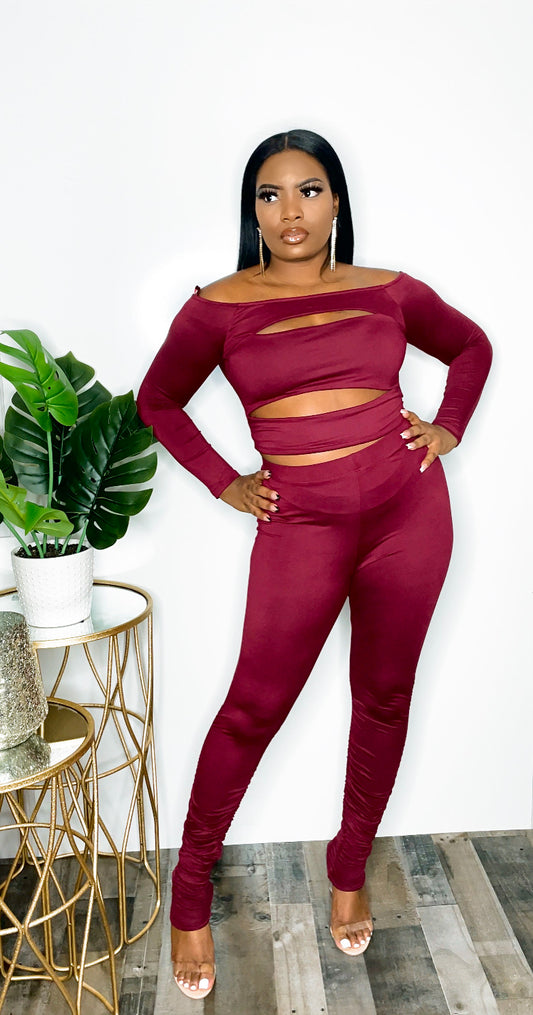 Wine-On-Me - Off Shoulder Long Sleeve Set